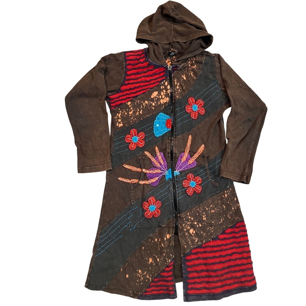 Rising International Patchwork Longline Hoodie‎ Jacket Women M Brown Boho Artsy